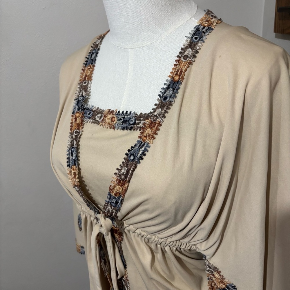 70s Union Made Beige Maxi Slip Dress Lace Detail Kaftan Style Cardigan Wrap Vtg - Picture 4 of 16